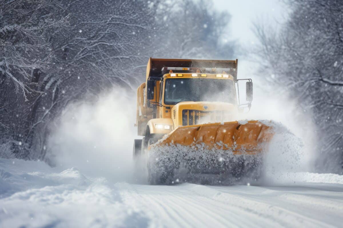 Efficient Snowplow Safely Clearing Roads During A Winter Storm.