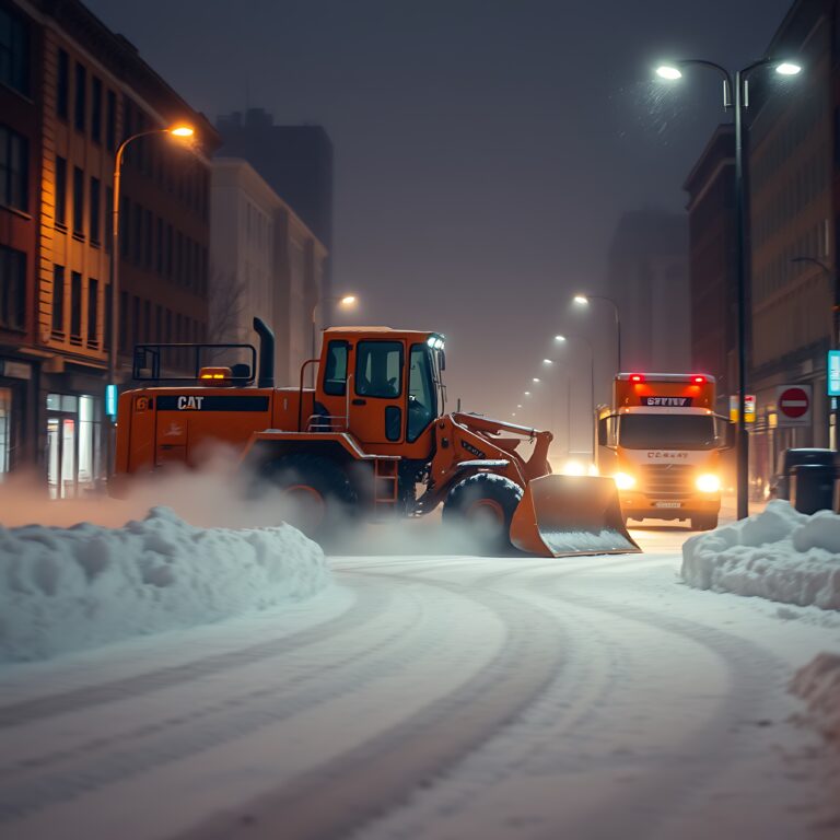 large orange industrial bulldozer snowcovered urban street night warm street lights construct